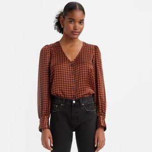 NWT Levi’s Kit Brown Plaid Print Button Up Blouse Top Size Large